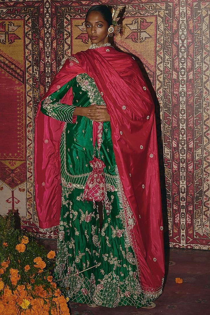Green Soft Silk Embroidered Bridal Sharara Set by Aditi Gupta at Pernia's Pop Up Shop