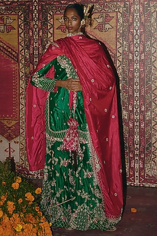 Green Soft Silk Embroidered Sharara Set by Aditi Gupta