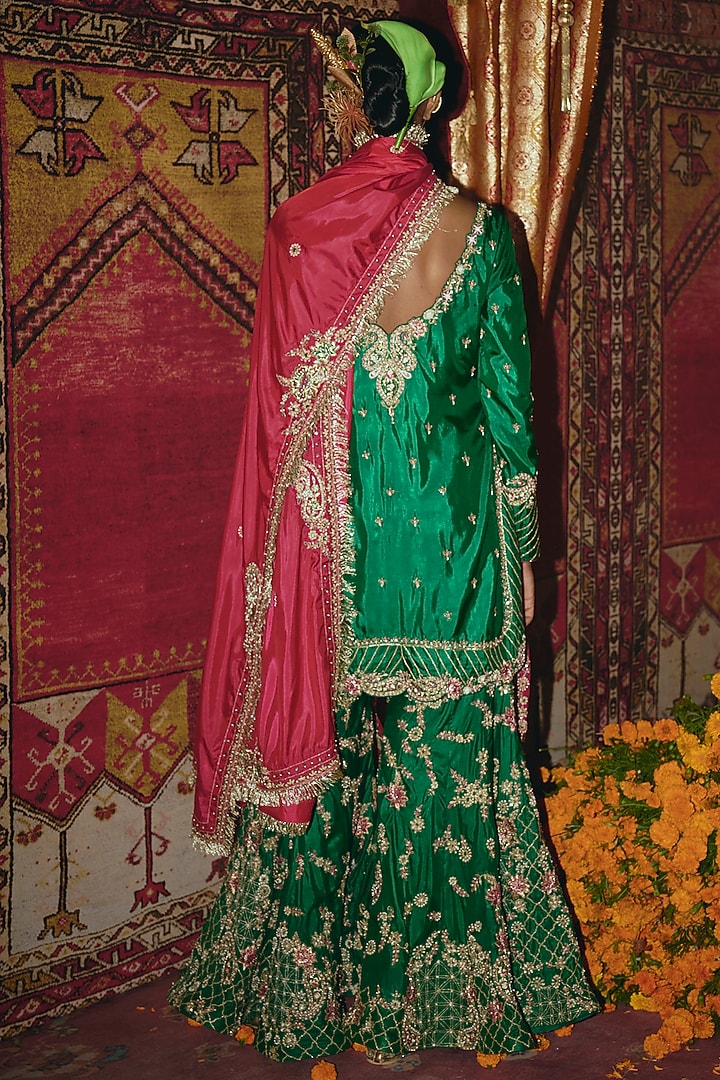 Green Soft Silk Embroidered Bridal Sharara Set by Aditi Gupta at Pernia's Pop Up Shop