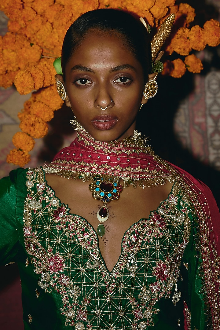Green Soft Silk Embroidered Bridal Sharara Set by Aditi Gupta at Pernia's Pop Up Shop