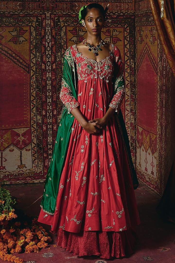 Red Soft Silk Zardosi Embroidered Bridal Anarkali Set by Aditi Gupta at Pernia's Pop Up Shop