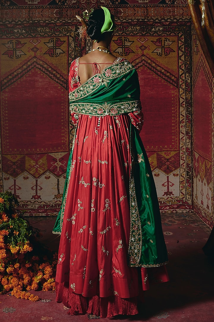 Red Soft Silk Zardosi Embroidered Bridal Anarkali Set by Aditi Gupta at Pernia's Pop Up Shop