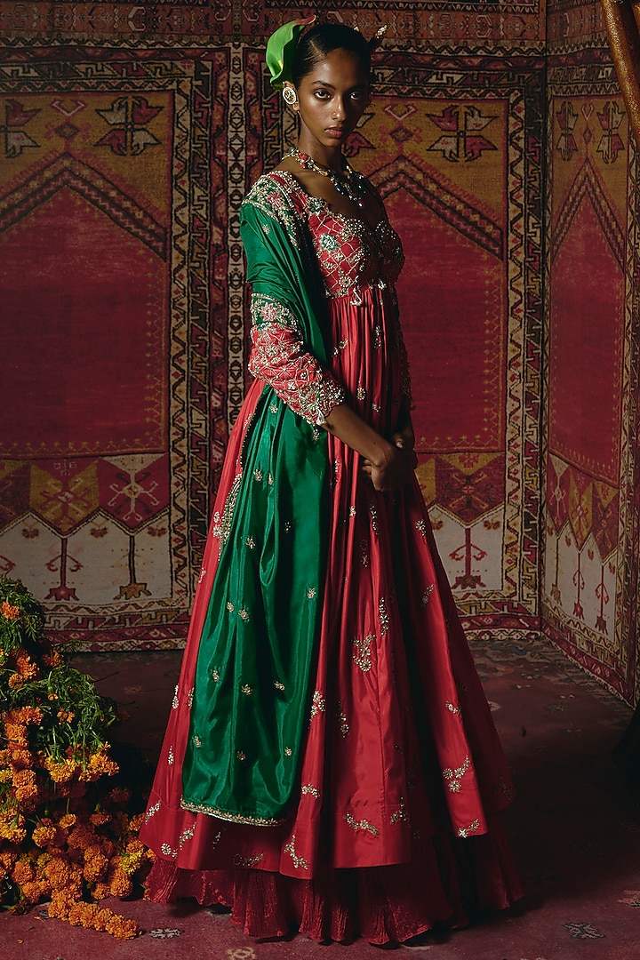 Red Soft Silk Zardosi Embroidered Bridal Anarkali Set by Aditi Gupta at Pernia's Pop Up Shop