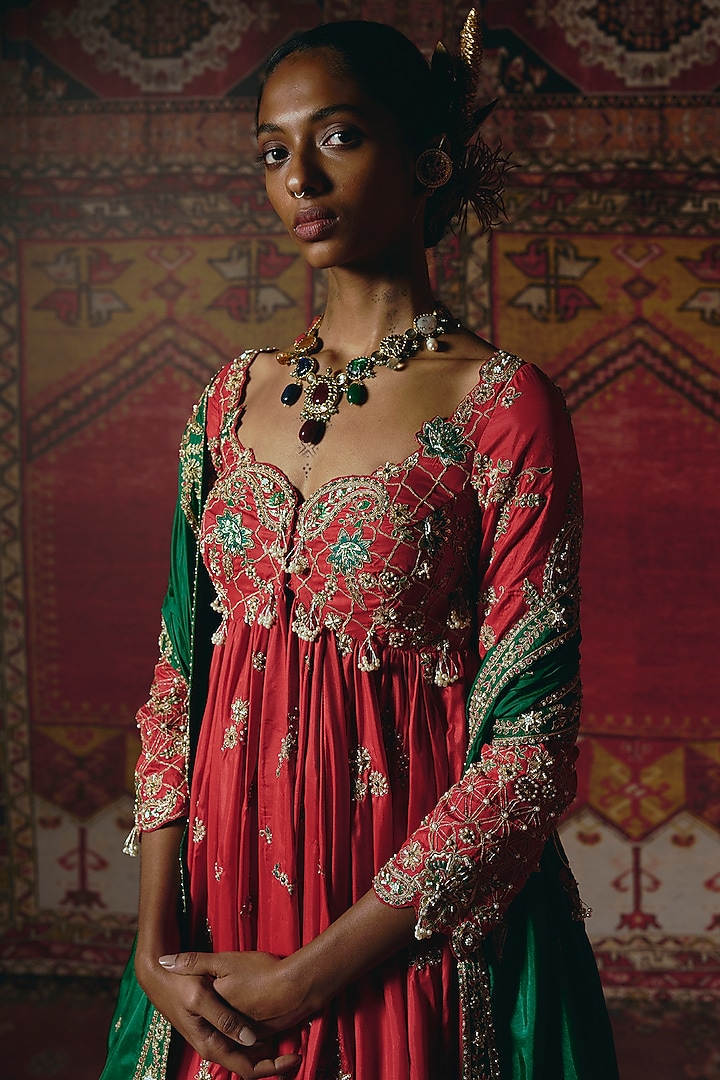 Red Soft Silk Zardosi Embroidered Bridal Anarkali Set by Aditi Gupta at Pernia's Pop Up Shop