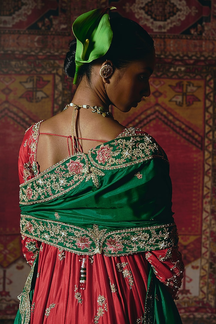 Red Soft Silk Zardosi Embroidered Bridal Anarkali Set by Aditi Gupta at Pernia's Pop Up Shop