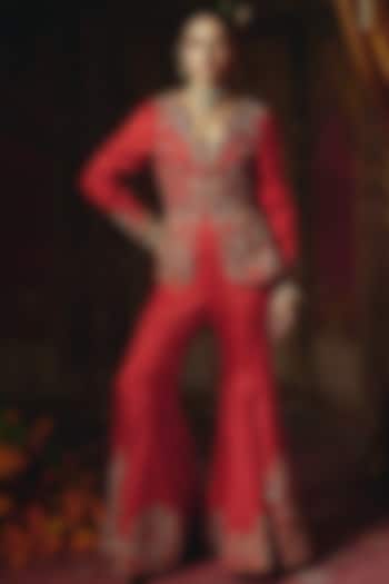 Red Soft Silk Zardosi Embroidered Jacket Set by Aditi Gupta at Pernia's Pop Up Shop