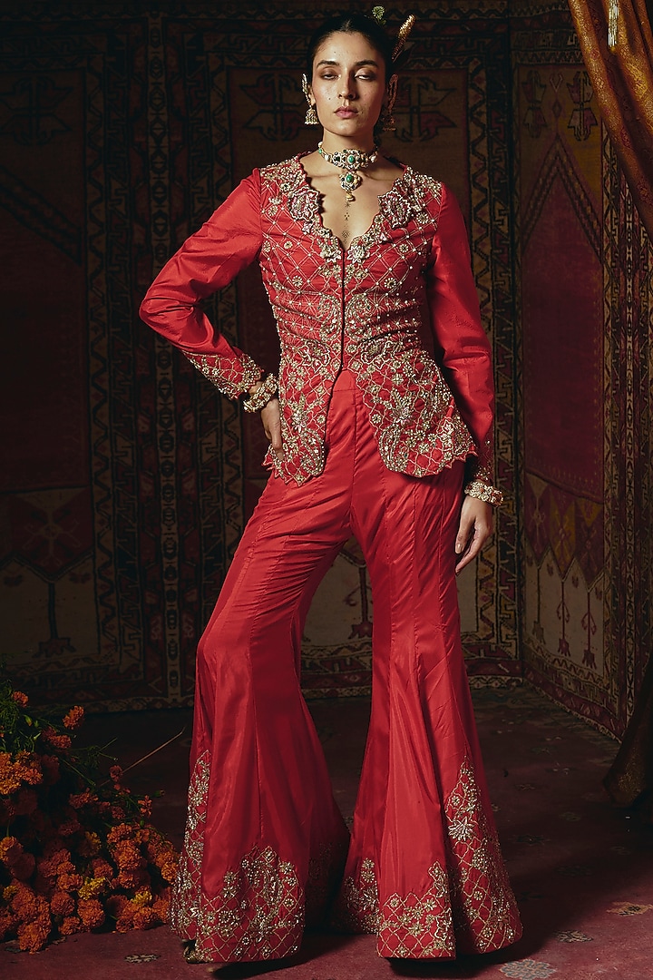Red Soft Silk Zardosi Embroidered Jacket Set by Aditi Gupta at Pernia's Pop Up Shop