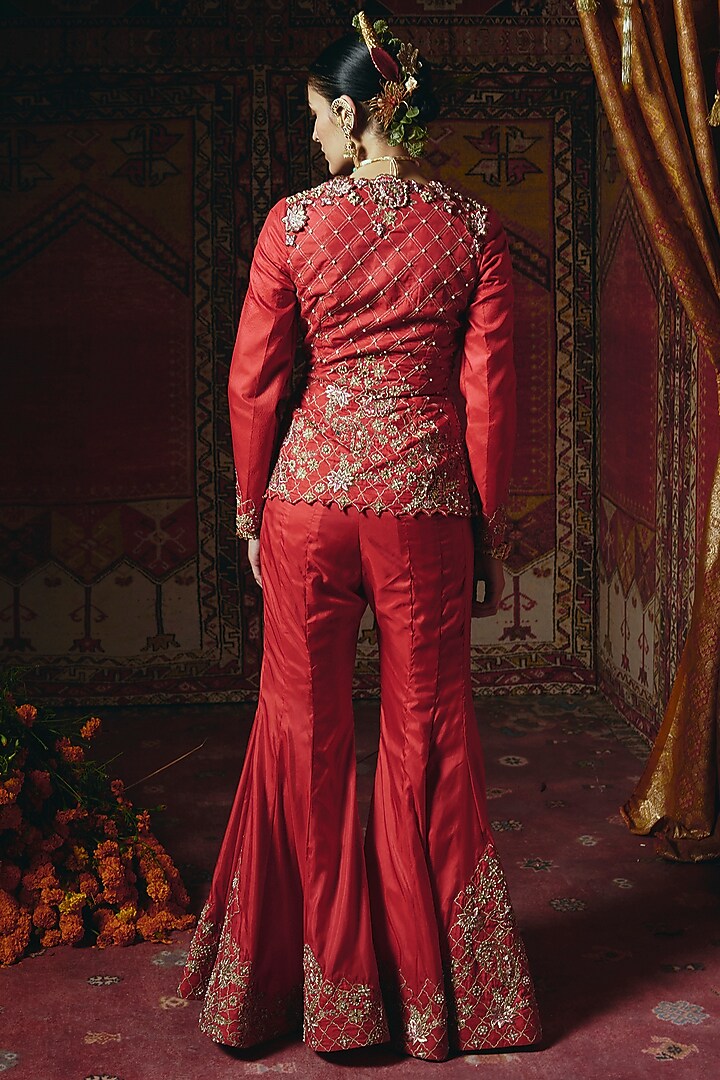 Red Soft Silk Zardosi Embroidered Jacket Set by Aditi Gupta at Pernia's Pop Up Shop