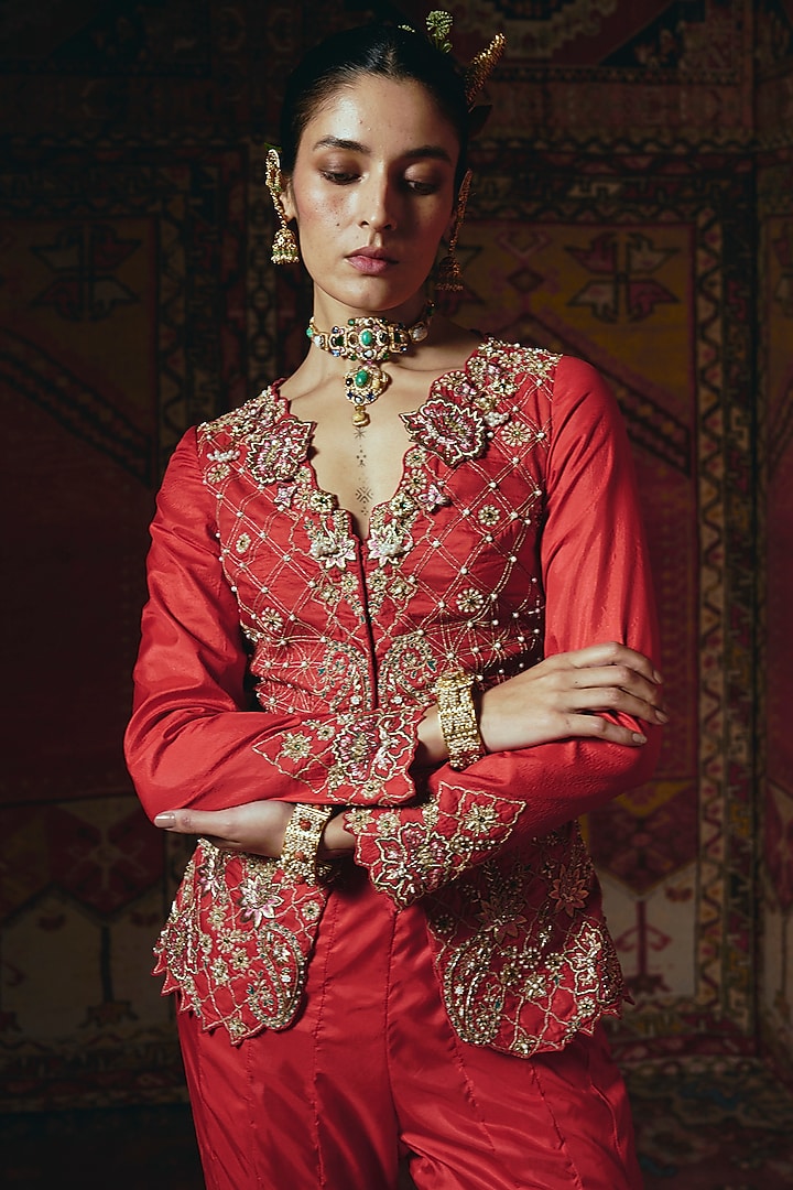 Red Soft Silk Zardosi Embroidered Jacket Set by Aditi Gupta at Pernia's Pop Up Shop