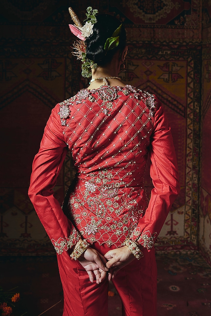 Red Soft Silk Zardosi Embroidered Jacket Set by Aditi Gupta at Pernia's Pop Up Shop