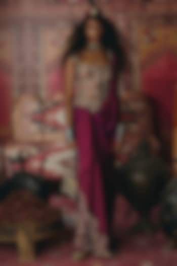 Purple Soft Silk Embroidered Pleated Draped Skirt Set by Aditi Gupta at Pernia's Pop Up Shop