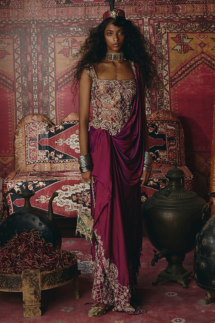 Purple Soft Silk Embroidered Pleated Draped Skirt Set by Aditi Gupta at Pernia's Pop Up Shop
