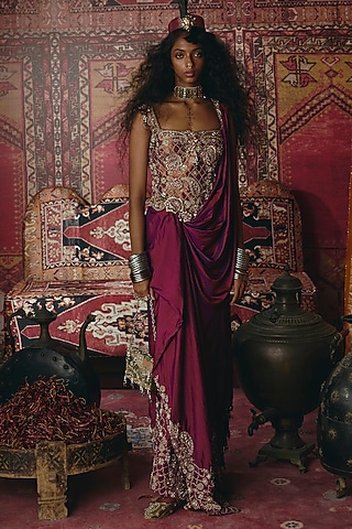 Purple Soft Silk Embroidered Pleated Draped Skirt Set by Aditi Gupta