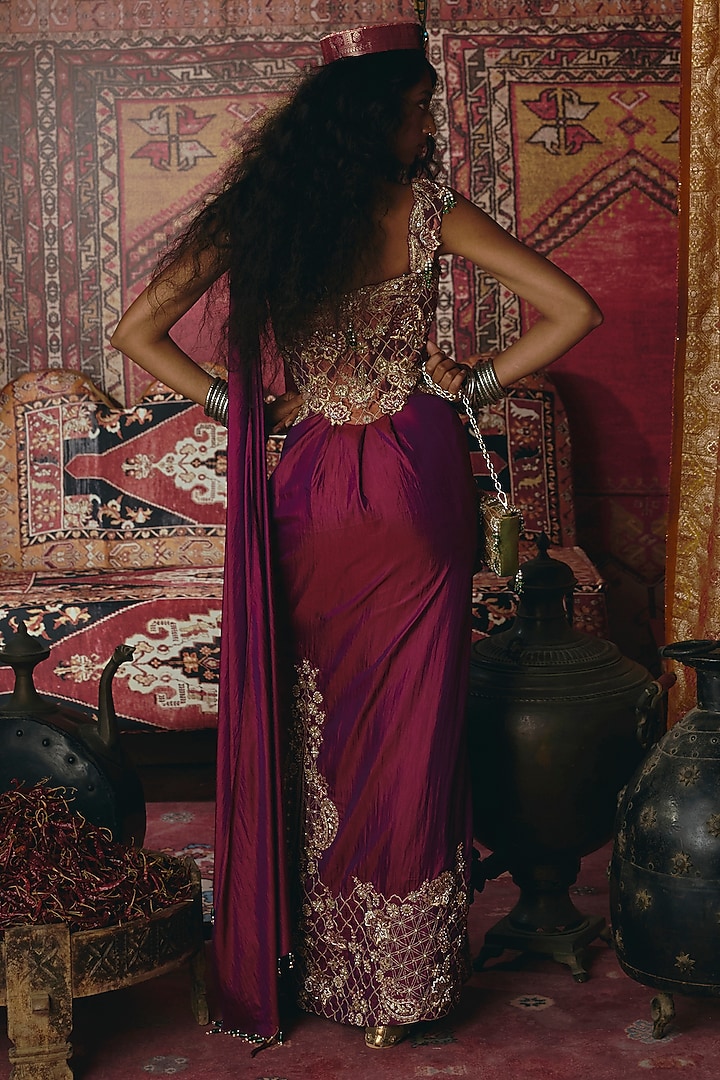 Purple Soft Silk Embroidered Pleated Draped Skirt Set by Aditi Gupta at Pernia's Pop Up Shop