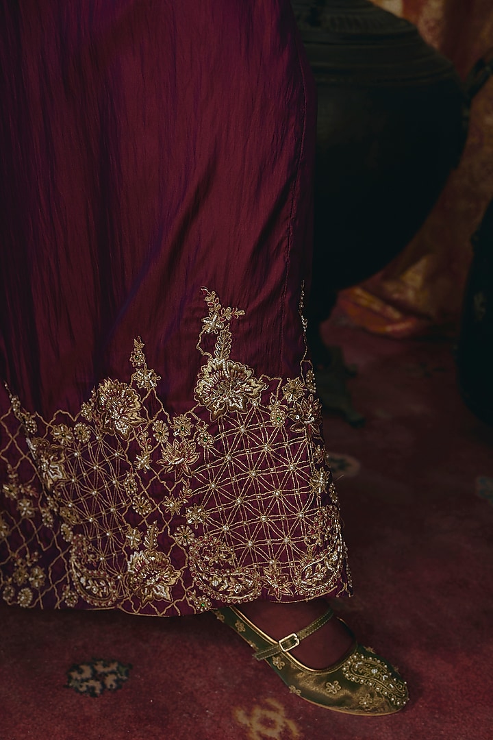Purple Soft Silk Embroidered Pleated Draped Skirt Set by Aditi Gupta at Pernia's Pop Up Shop