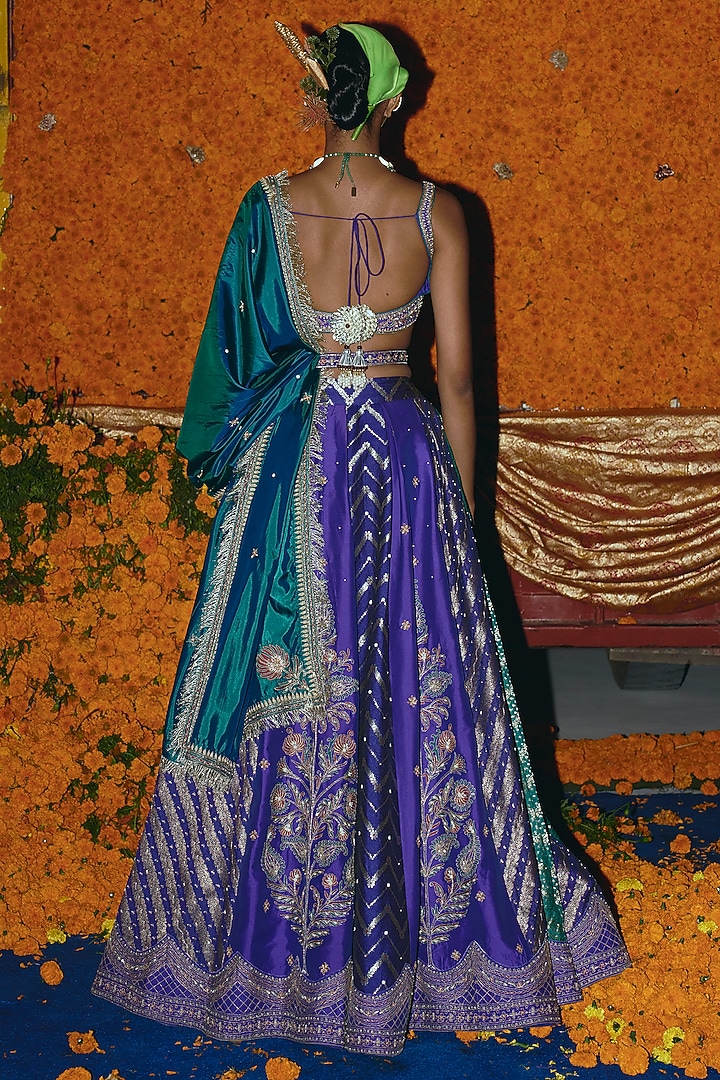 Purple & Teal Banarasi Silk Zardosi Embroidered Bridal Lehenga Set by Aditi Gupta at Pernia's Pop Up Shop