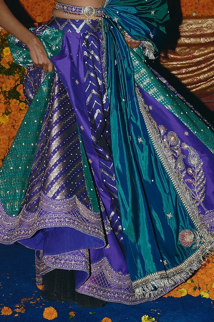Purple & Teal Banarasi Silk Zardosi Embroidered Bridal Lehenga Set by Aditi Gupta at Pernia's Pop Up Shop