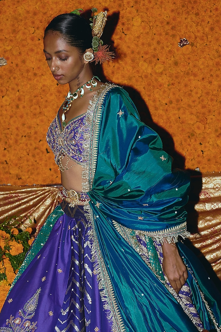 Purple & Teal Banarasi Silk Zardosi Embroidered Bridal Lehenga Set by Aditi Gupta at Pernia's Pop Up Shop