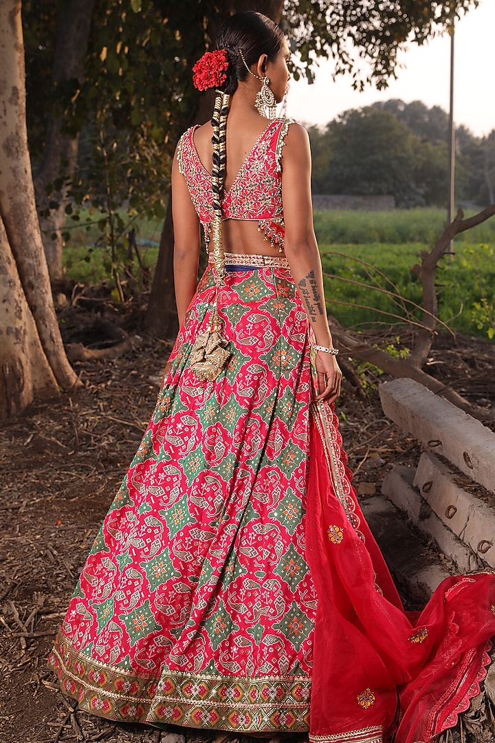 Coral Pink & Green Embroidered Wedding Lehenga Set by Aditi Gupta at Pernia's Pop Up Shop