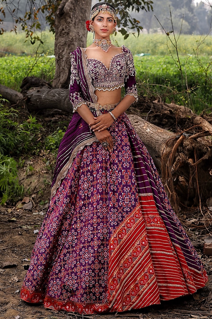 Purple & Red Embroidered Lehenga Set by Aditi Gupta