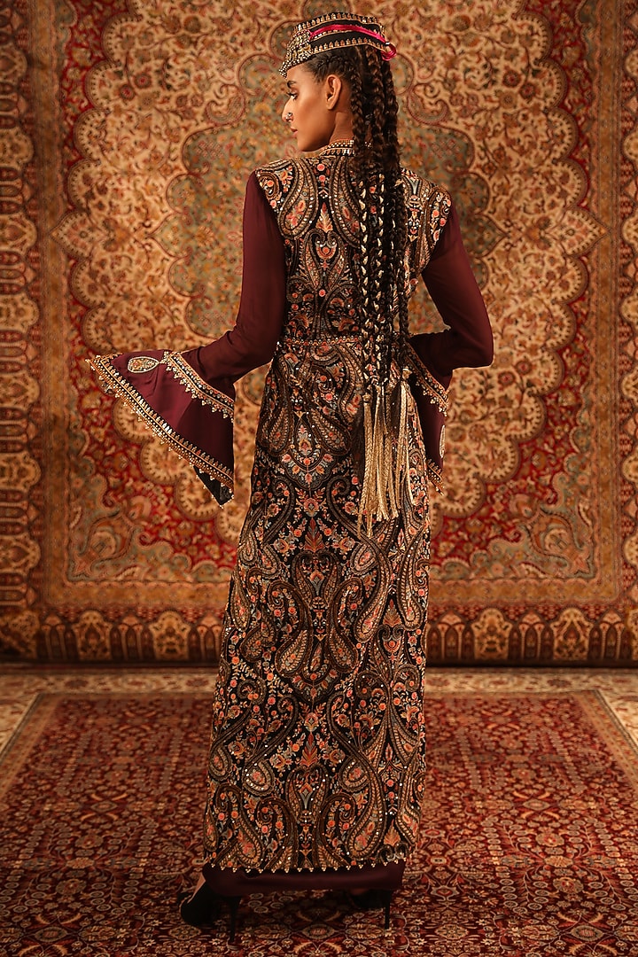 Wine Satin Embroidered Jacket Set by Aditi Gupta at Pernia's Pop Up Shop