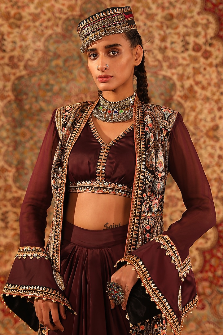 Wine Satin Embroidered Jacket Set by Aditi Gupta at Pernia's Pop Up Shop