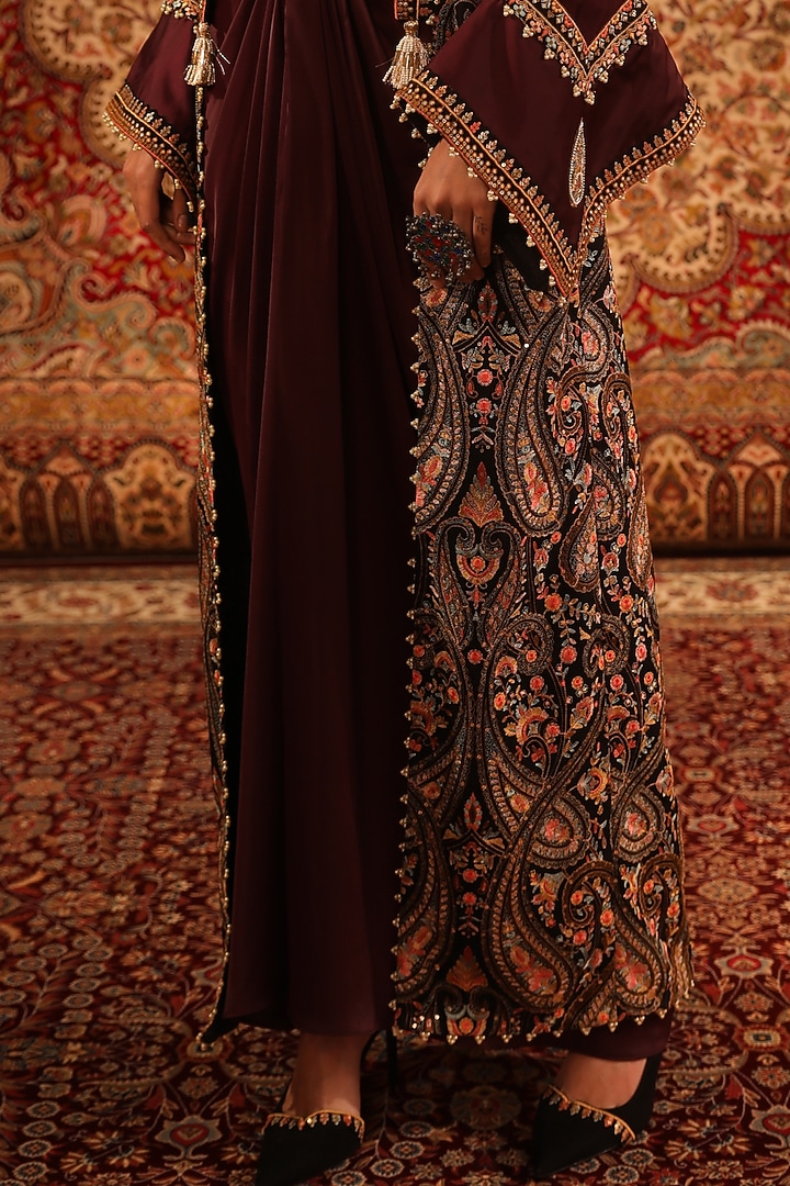 Wine Satin Embroidered Jacket Set by Aditi Gupta at Pernia's Pop Up Shop