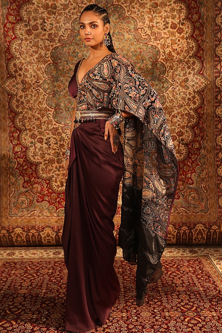Wine Satin Kashida Embroidered Draped Skirt Saree Set by Aditi Gupta