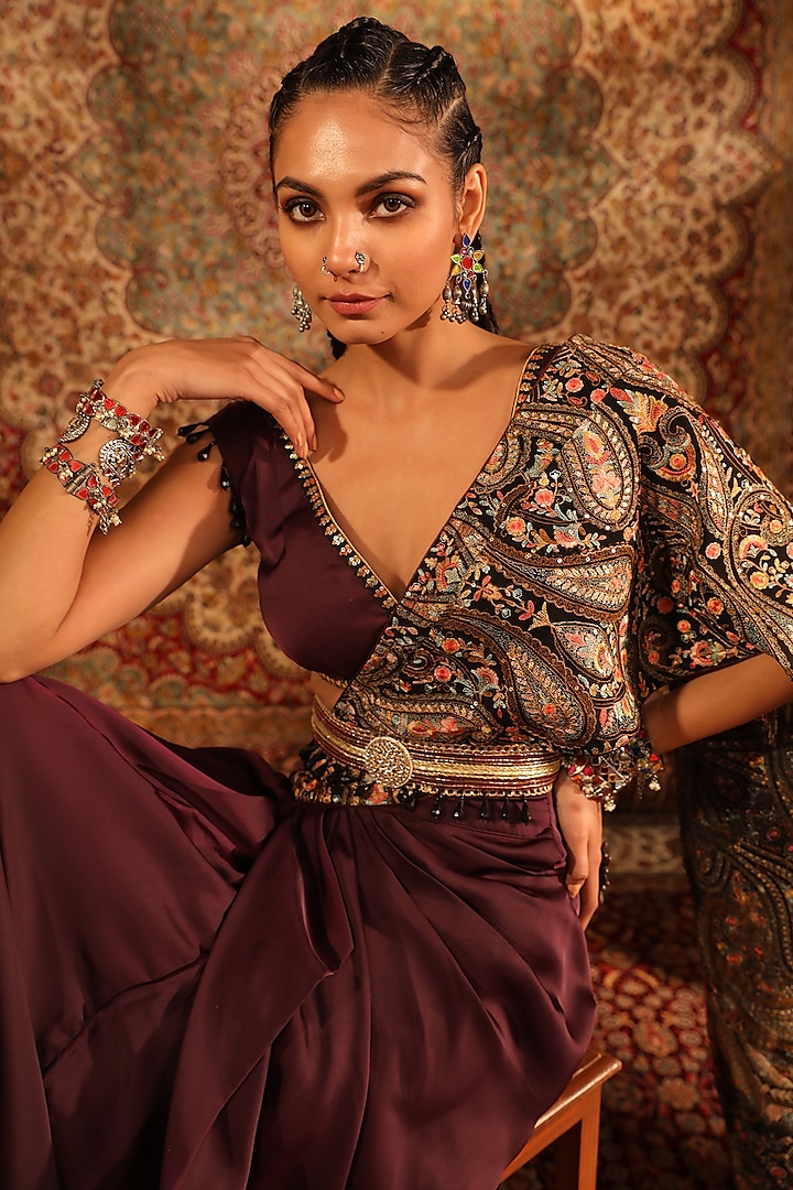 Wine Satin Embroidered Draped Skirt Saree Set Design by Aditi Gupta at  Pernia's Pop Up Shop 2024