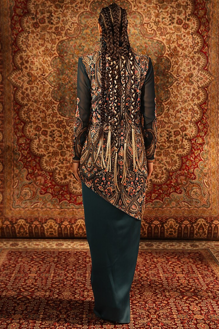 Teal Satin Embroidered Jacket Set by Aditi Gupta at Pernia's Pop Up Shop