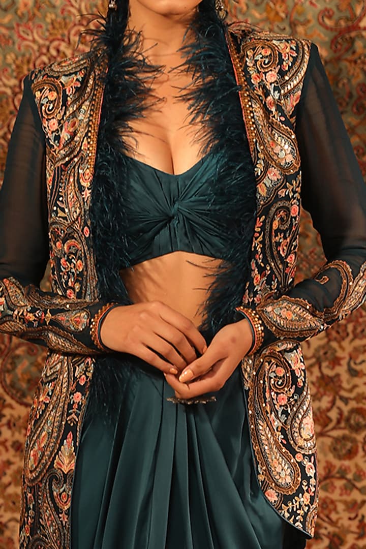 Teal Satin Embroidered Jacket Set by Aditi Gupta at Pernia's Pop Up Shop