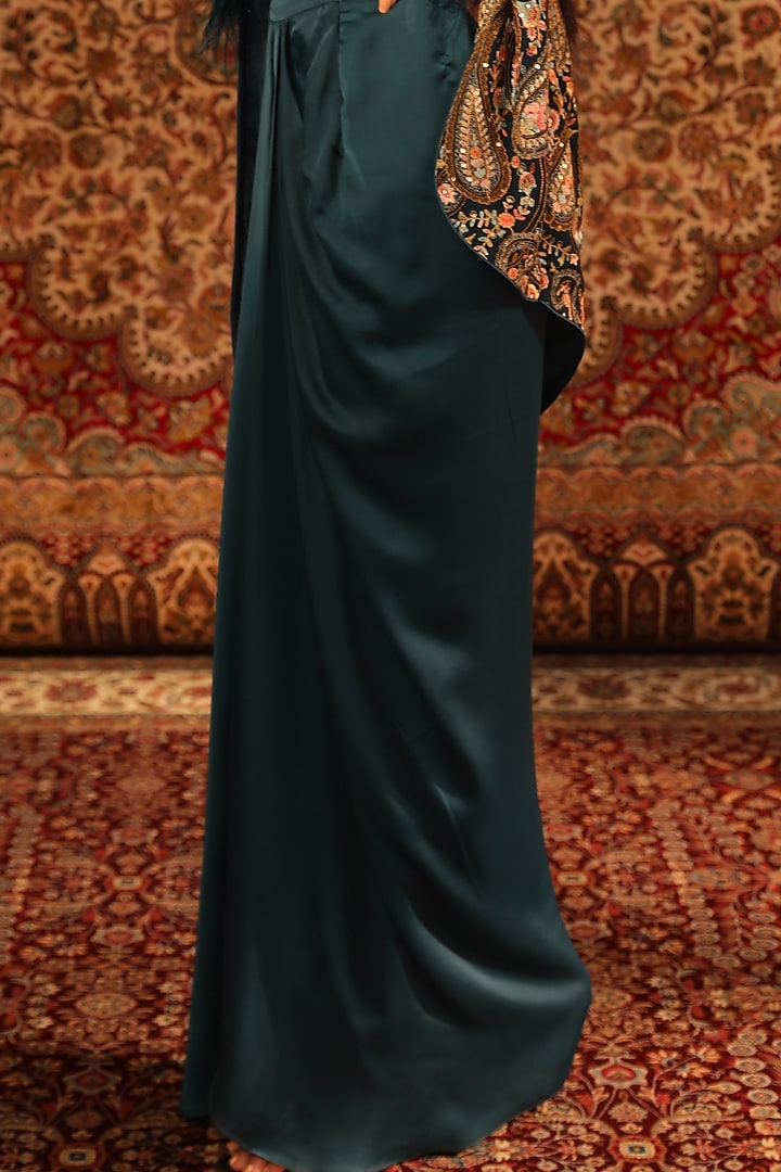 Teal Satin Embroidered Jacket Set by Aditi Gupta at Pernia's Pop Up Shop