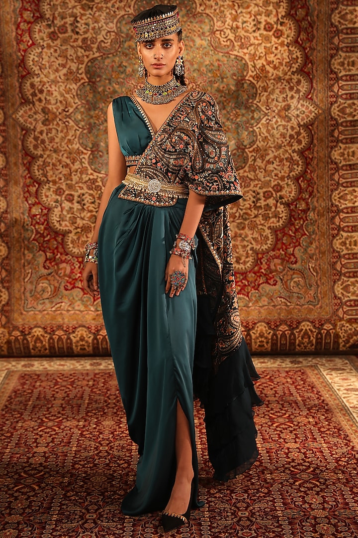 Teal Satin Kashida Embroidered Draped Skirt Saree Set by Aditi Gupta