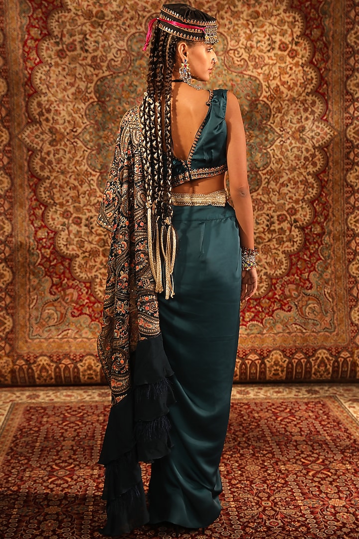 Teal Satin Kashida Embroidered Draped Skirt Wedding Saree Set by Aditi Gupta at Pernia's Pop Up Shop