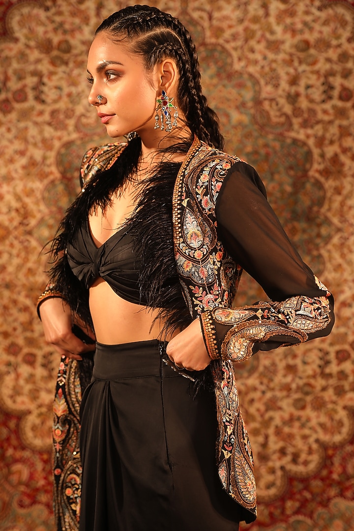 Black Satin Embroidered Jacket Set by Aditi Gupta at Pernia's Pop Up Shop