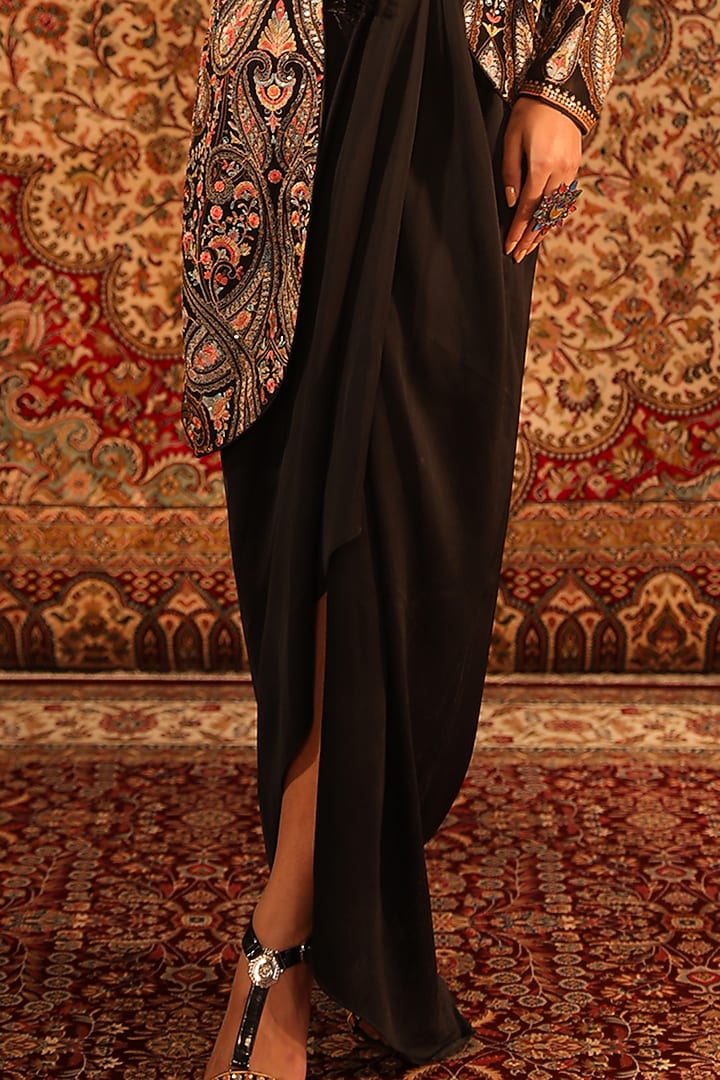Black Satin Embroidered Jacket Set by Aditi Gupta at Pernia's Pop Up Shop