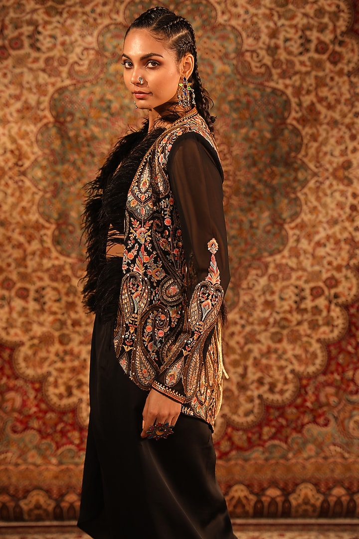 Black Satin Embroidered Jacket Set by Aditi Gupta at Pernia's Pop Up Shop