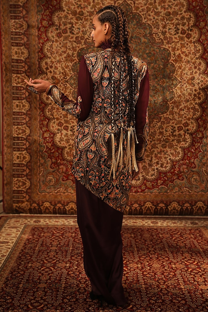 Wine Satin Embroidered Jacket Set by Aditi Gupta at Pernia's Pop Up Shop