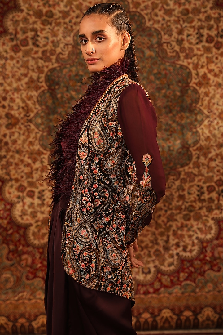 Wine Satin Embroidered Jacket Set by Aditi Gupta at Pernia's Pop Up Shop
