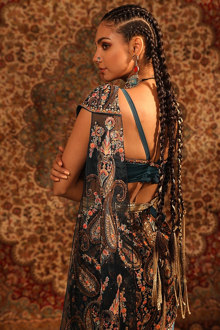 Teal Satin Kashida Embroidered Draped Skirt Wedding Saree Set by Aditi Gupta at Pernia's Pop Up Shop