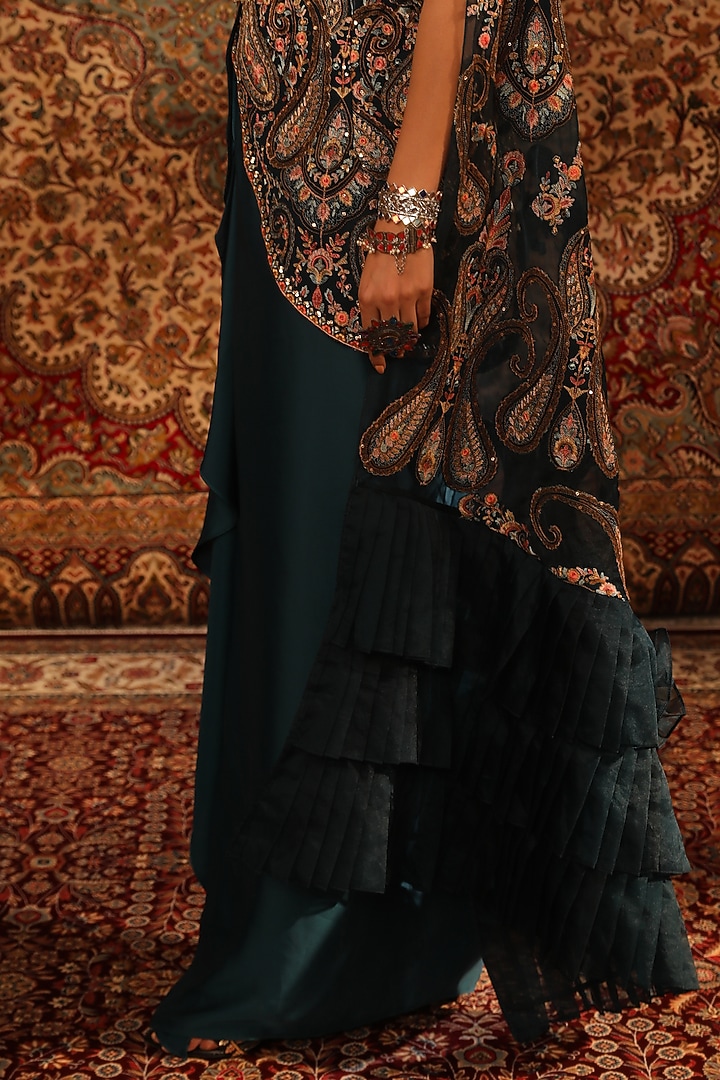 Teal Satin Kashida Embroidered Draped Skirt Wedding Saree Set by Aditi Gupta at Pernia's Pop Up Shop