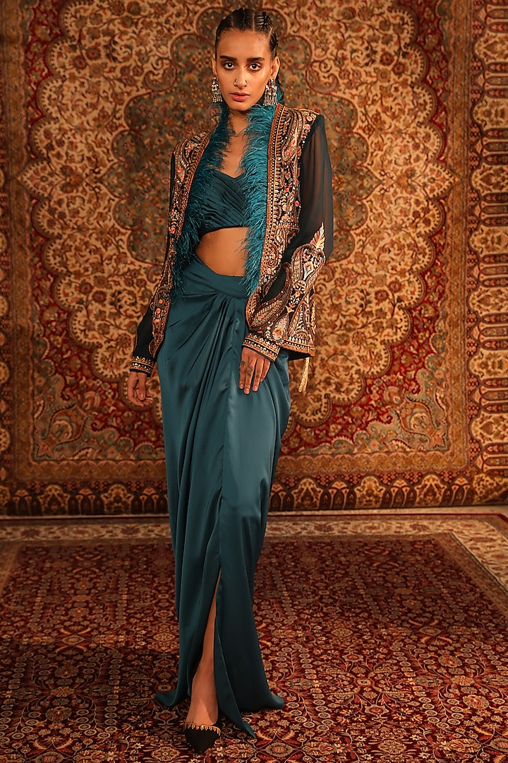 Teal Satin Embroidered Jacket Set by Aditi Gupta