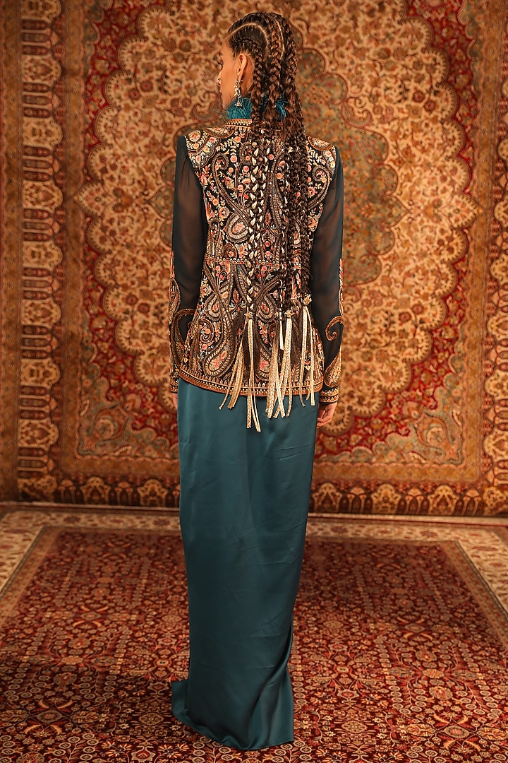Teal Satin Embroidered Jacket Set by Aditi Gupta at Pernia's Pop Up Shop