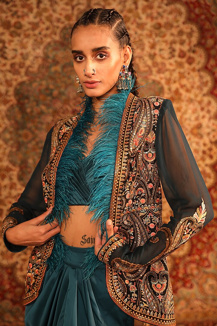 Teal Satin Embroidered Jacket Set by Aditi Gupta at Pernia's Pop Up Shop