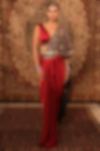 Red Satin Applique Embroidered Draped Skirt Saree Set by Aditi Gupta