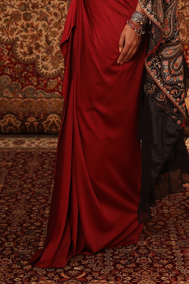 Red Satin Applique Embroidered Draped Skirt Reception Saree Set by Aditi Gupta at Pernia's Pop Up Shop