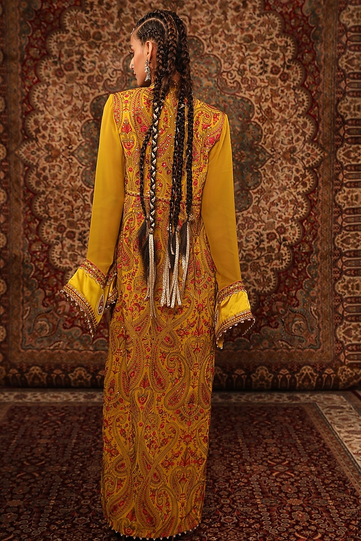 Mustard Satin Embroidered Jacket Set by Aditi Gupta at Pernia's Pop Up Shop