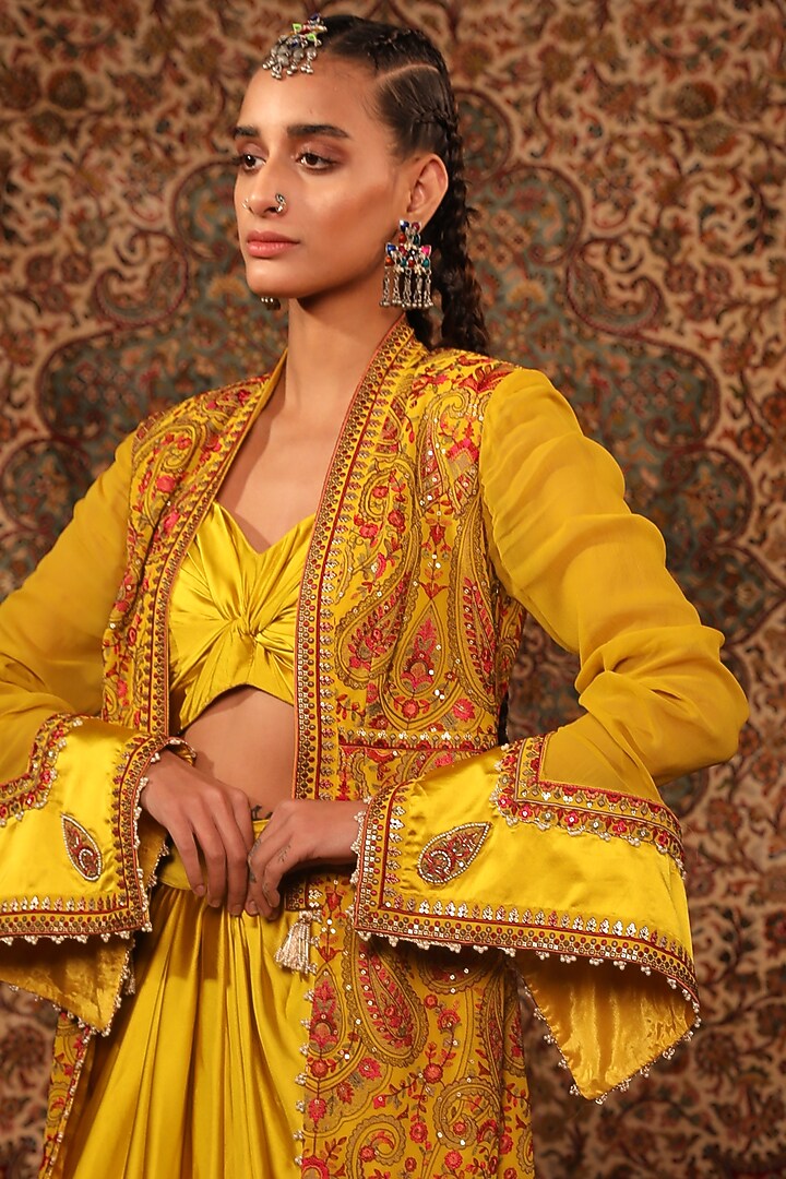 Mustard Satin Embroidered Jacket Set by Aditi Gupta at Pernia's Pop Up Shop