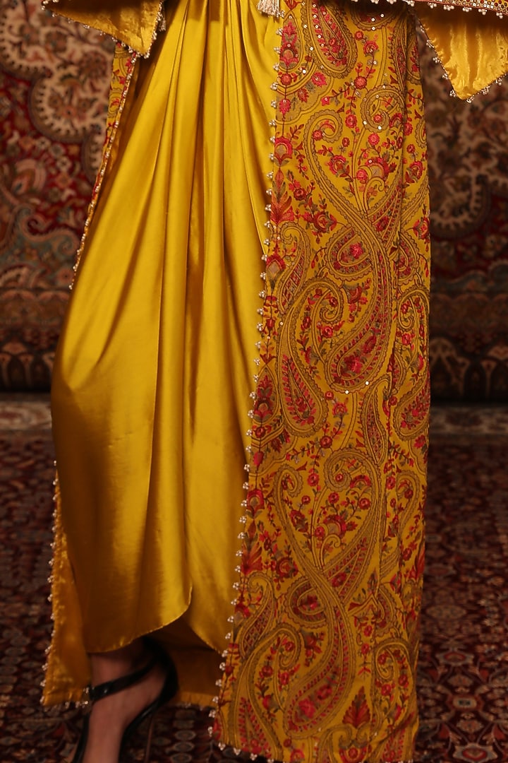 Mustard Satin Embroidered Jacket Set by Aditi Gupta at Pernia's Pop Up Shop
