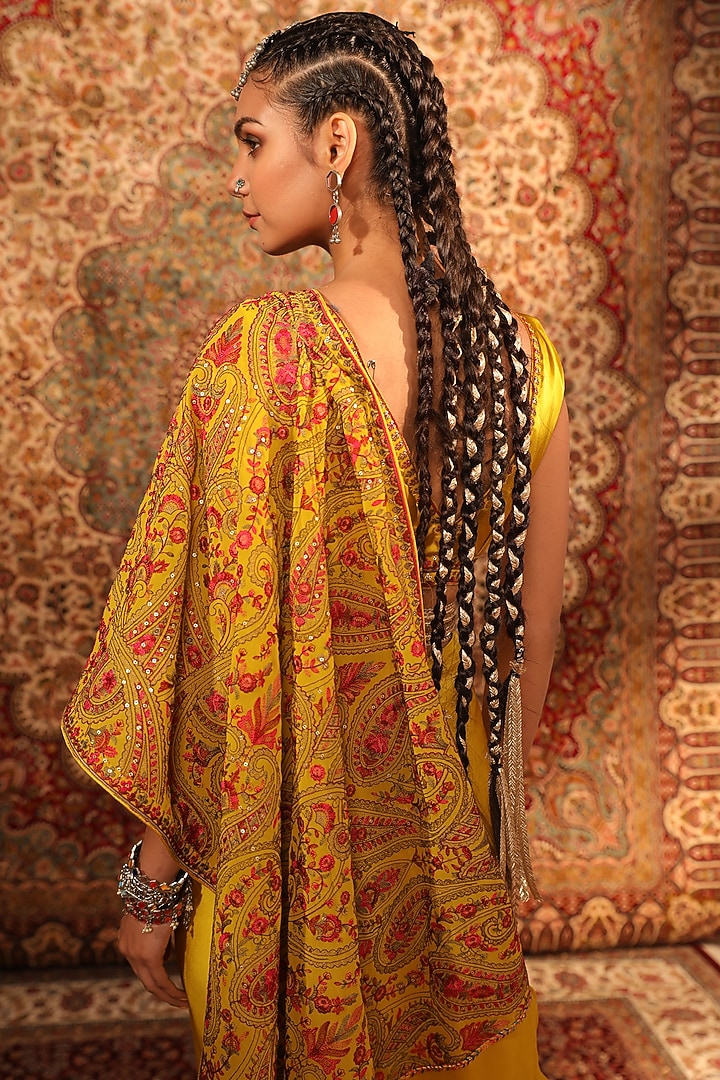 Mustard Satin Kashida Embroidered Draped Skirt Wedding Saree Set by Aditi Gupta at Pernia's Pop Up Shop